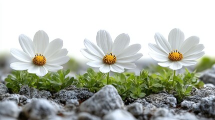Obraz premium Three delicate white flowers, each with a vibrant yellow center, rest gracefully on a bed of smooth, gray rocks. A serene and natural still life scene.