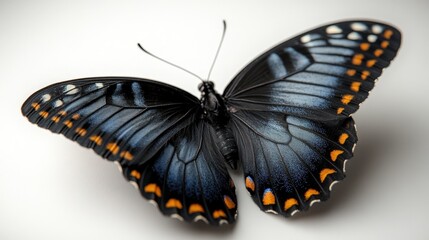 Naklejka premium A black butterfly with orange spots gracefully captured in mid-flight. The image highlights the intricate details of the butterfly's wings and delicate structure against a clean white background.