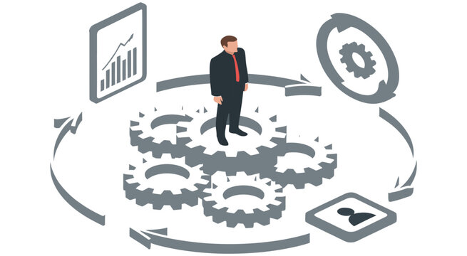 business process automation concept with isometric gear icons and data visualization elements, ideal for digital transformation in-fographics workflow optimization presentations corporate strategy.