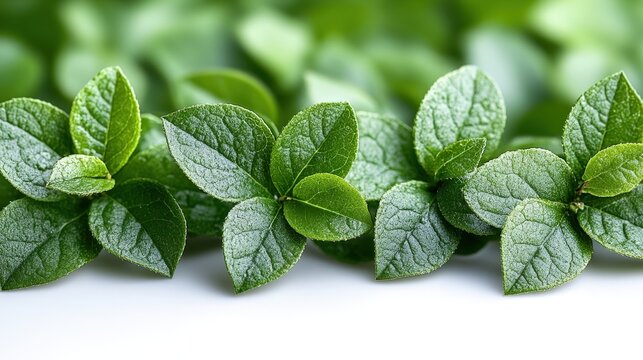 Close-up shot of vibrant green mint leaves glistening with dew drops. The shallow depth of field creates a blurred green background, emphasizing the delicate detail and freshness of the leaves.