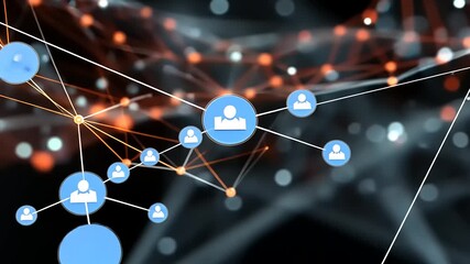 Abstract digital network visualization with interconnected nodes representing user profiles and data flow - Powered by Adobe