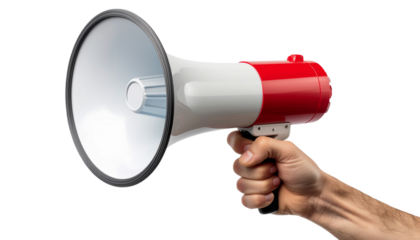 Hand holding a red and white megaphone, signaling announcement or public speaking with a clear call to attention against a white background