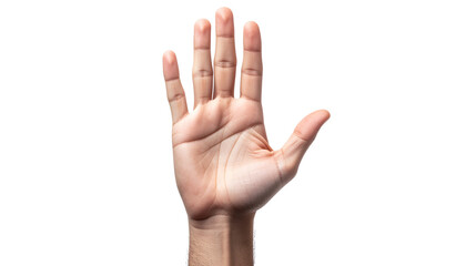Close-up shot of an open human hand with fingers spread, isolated on a clean white background, conveying a gesture of stop, halt, or an open invitation to connect