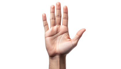 Close-up shot of an open human hand with fingers spread, isolated on a clean white background, conveying a gesture of stop, halt, or an open invitation to connect