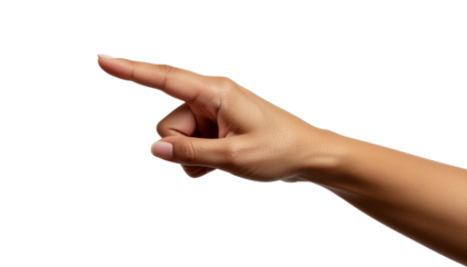 Hand pointing with index finger isolated on white background, close-up of a person's hand making a gesture