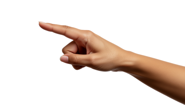 Hand pointing with index finger isolated on white background, close-up of a person's hand making a gesture