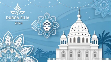 Vibrant durga puja celebration with goddess face and grand temple architecture