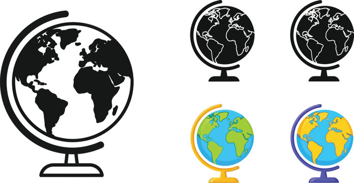 Illustrative depiction of various globe icons in differing styles and colors