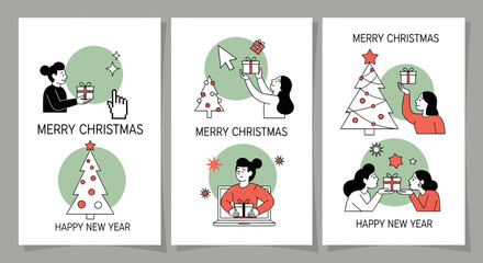 Modern christmas and new year greeting cards with illustrations of people exchanging gifts, decorating trees, and celebrating holidays in a digital style