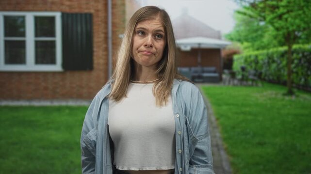 Woman in denim shirt points finger at camera in front of building entrance, standing on pathway; defiance.
