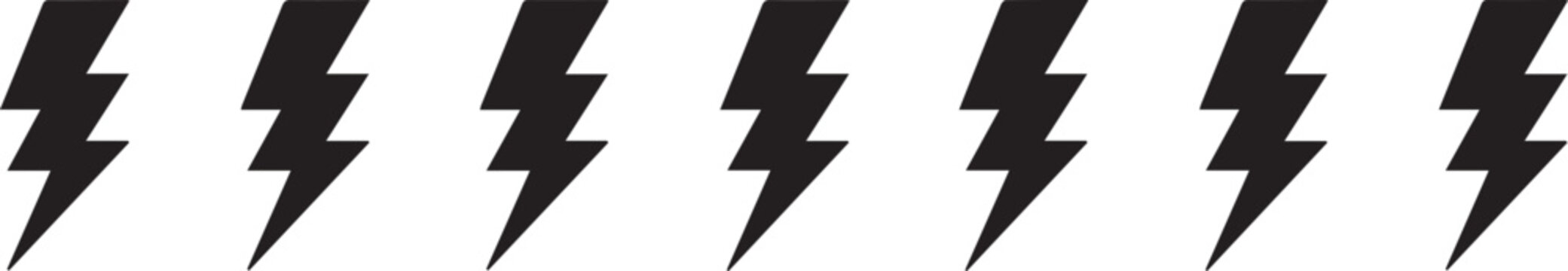 Horizontal row of six black lightning bolt icons isolated on white background vector graphic design element
