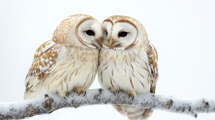 Fototapeta premium Two majestic owls perched on a snowy branch during a winter landscape. The scene evokes tranquility and the beauty of the natural world.