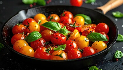 Tomatoes in skillet Bright red and yellow cherry tomatoes with fresh basil leaves in a dark cast iron skillet