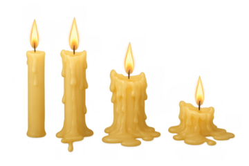 Group of wax candles with lit flames and melting wax creating drips, representing light, contemplation, and passage of time