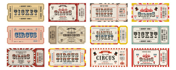 Vintage circus tickets set. Retro carnival admission coupons with typography. Vector
