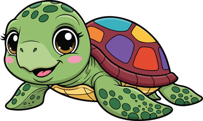 Cute cartoon sea turtle illustration with colorful shell isolated on white background