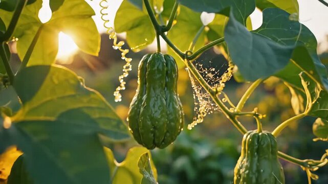 Chayote Squash Growing on Vine in Golden Hour Sunlight with Spiderweb.