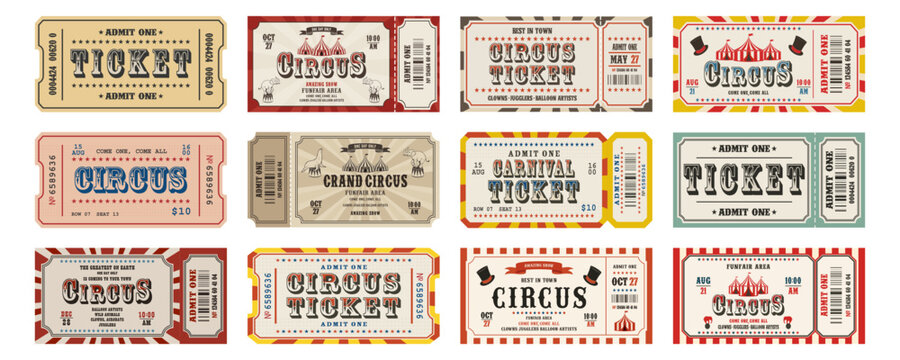 Vintage circus tickets set. Retro carnival admission coupons with typography. Vector