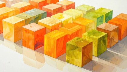 Obraz premium Watercolor rendering of colorful cube blocks arranged in rows and columns casting shadows, on white background