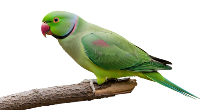 Green parrot, with pink wing patch perched on a branch, cutout, PNG isolated on white or transparent background