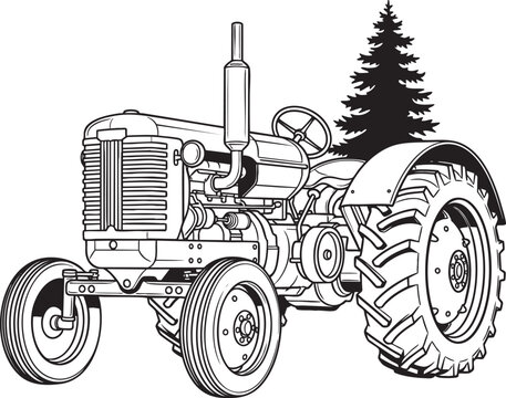 Classic vintage farm tractor detailed line art illustration black and white drawing.