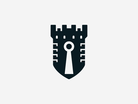 Geometric modern tower crest black vector logo with architectural lines and heraldic shield for tech company identity