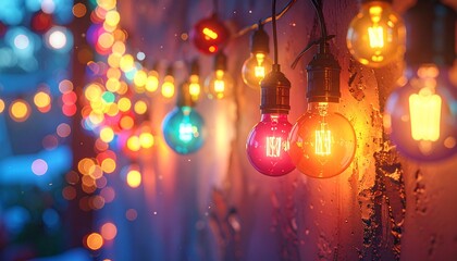 Colorful string lights illuminated, creating a warm and festive atmosphere with bokeh effect.