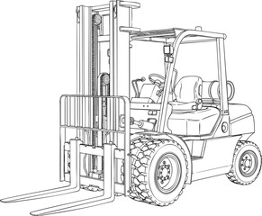 Detailed black and white line drawing of an industrial forklift truck with rugged tires.