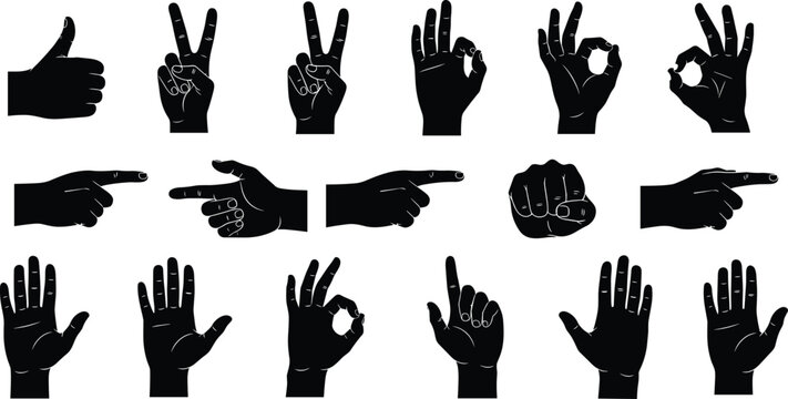 Collection of black hand silhouette gestures set isolated on white including thumbs up pointing fist and okay signs vector