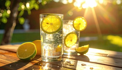 Refreshing sparkling water with lemon slices sitting on a wooden table, bathed in sunlight