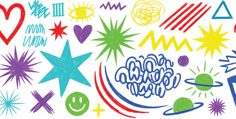 Colorful Hand Drawn Doodle Elements Set. Abstract Whimsical Graphic Resource for Design.