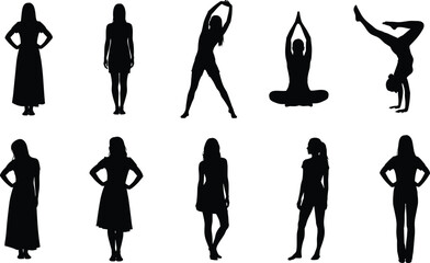 Collection of black woman silhouettes standing in dresses and doing yoga fitness exercises isolated on white background vector.