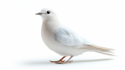 Obraz premium A serene white dove with brown feet stands prominently on a smooth surface against a clean white background. Symbol of peace and hope.