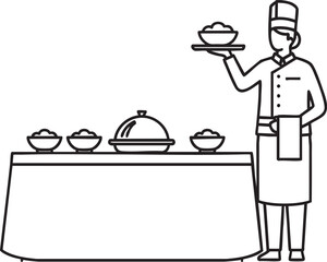 Line art illustration of a professional chef in uniform serving food from a catering buffet table.