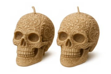 Ornate skull candles creating a gothic halloween decoration for celebration of life and death, transparent background