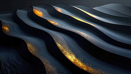 Undulating black waves texture with shimmering golden highlights, creating a fluid, dynamic abstract landscape