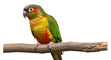 Green Cheek Conure Parrot, with vibrant green and grey plumage perched on a Textured Wooden Branch, cutout, PNG isolated on white or transparent background