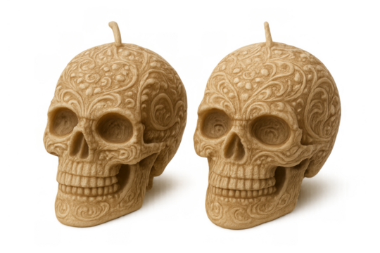 Ornate skull candles creating a gothic halloween decoration for celebration of life and death, transparent background