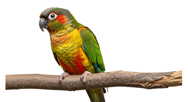 Green Cheek Conure Parrot, with vibrant green and grey plumage perched on a Textured Wooden Branch, cutout, PNG isolated on white or transparent background
