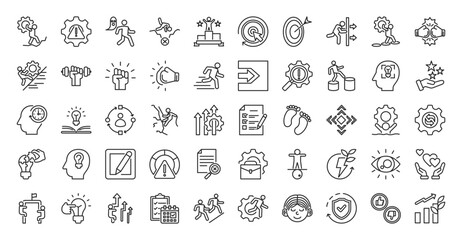 Challenge icon set collection in outline style. icon pack contains hard, risk, fear, fail, win, try, goal, push, struggle, fight