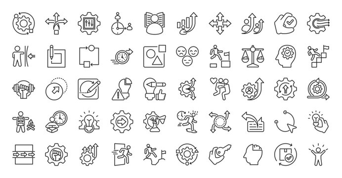 Adaptability icon set collection in outline style. icon pack contains change, flexibility, adjust, shift, learn, grow, move, evolve, accept, flow