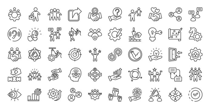 Collaboration icon set collection in outline style. icon pack contains team, work, together, share, trust, help, support, respect, connect, communicate