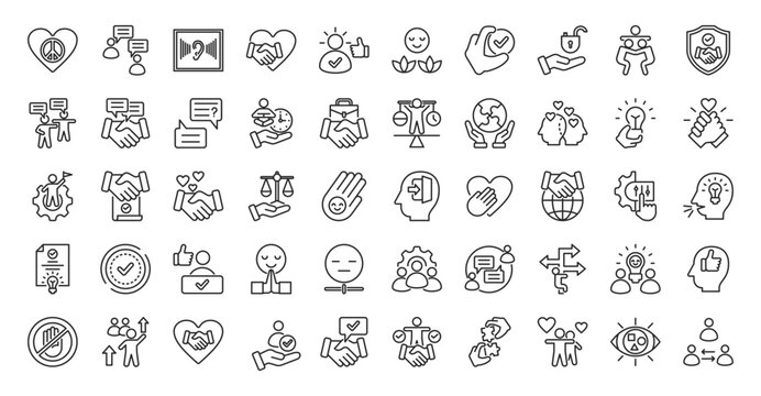 Conflict resolution icon set collection in outline style. icon pack contains peace, talk, listen, respect, understand, calm, agree, solve, mediate, trust