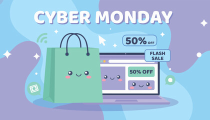 Cute illustration of a shopping bag and laptop with "Cyber Monday" and "50% OFF" sale promotions, representing online shopping deals.