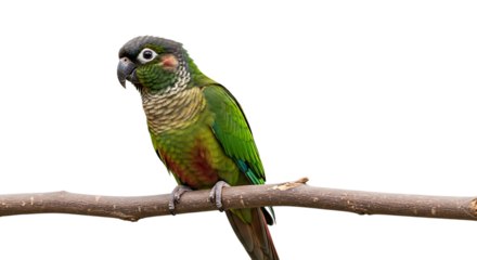 Green Cheek Conure Parrot, perched on a Branch, cutout, PNG isolated on white or transparent background