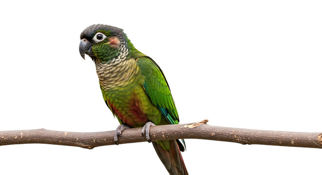 Green Cheek Conure Parrot, perched on a Branch, cutout, PNG isolated on white or transparent background