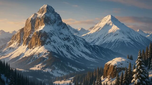 Majestic snow-capped peaks rise above a dense evergreen forest, bathed in the soft morning or evening light. The rugged mountain slopes are streaked with snow, creating a dramatic alpine landscape tha