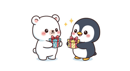 Obraz premium Adorable penguin and polar bear exchanging colorful gifts with sparkling stars, perfect for children's books, greeting cards, and cute stationery designs