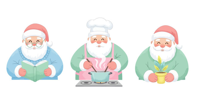 Whimsical Santa Claus doing everyday activities like reading, cooking, and gardening in a delightful holiday scene of Christmas spirit and joy