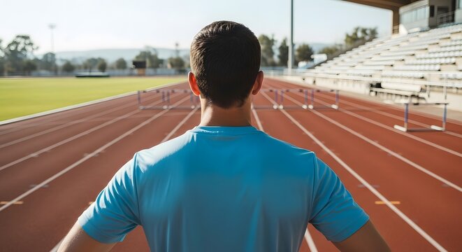 Rear View of Athlete Standing on Running Track Facing Hurdles | Athletics, Training, and Challenge